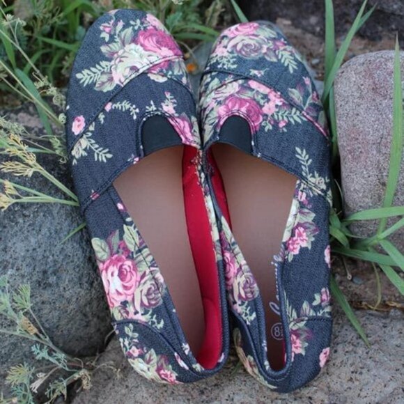 Navy Blue Floral Flats Shoes Comfy Flower Slip On - Picture 3 of 5